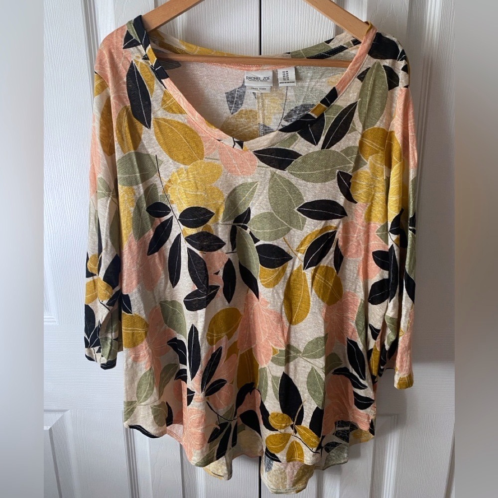 Rachel Zoe 100% Linen Floral Botanical Print V-Neck 3/4 Sleeve Top SZ 1X